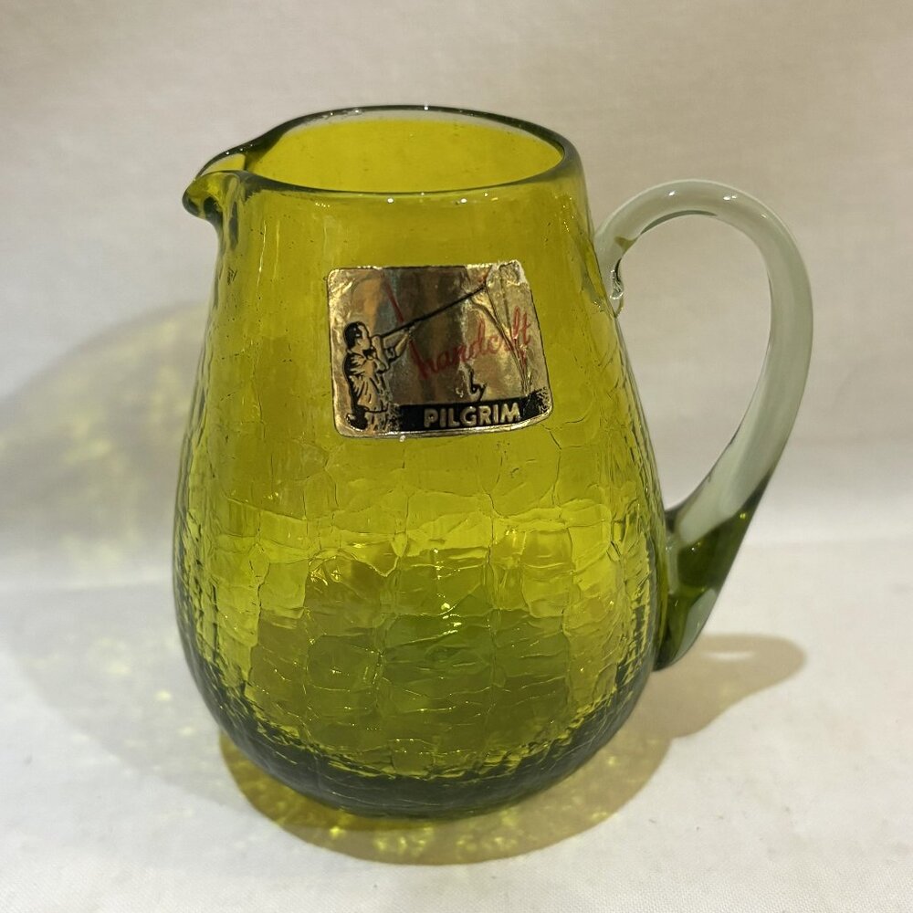 VTG Pilgrim Hand Blown Crackle Glass Mini Pitcher Creamer Green